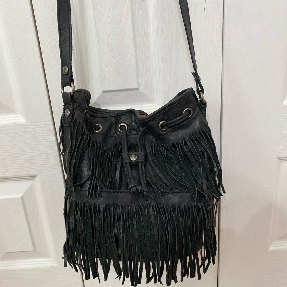 PATRICIA NASH Black Leather Fringe Boho Bucket Bag